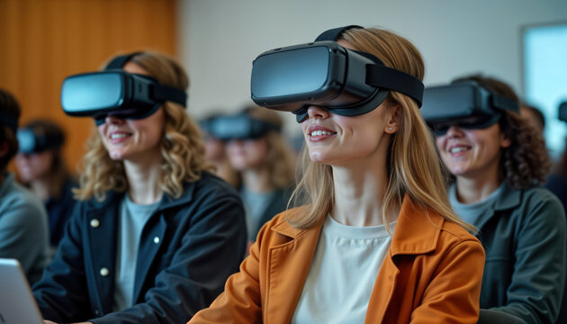 Group of people wearing VR headsets in classroom. Students experience VR tech in educational setting. Modern learning with new tech. Focus on future tech, education. Diverse audience participates in