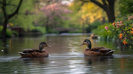 Fototapeta premium Ducks facing each other in tranquil park pond, bridge backdrop, nature scene