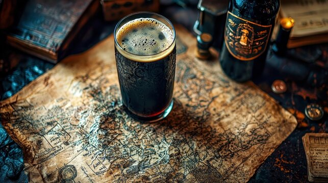 Dark beer on antique map with vintage accessories