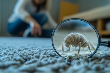 Close-up of a dust mite visible through a magnifying glass on a carpet in a cozy living room at home. A type of domestic blood-sucking insect.