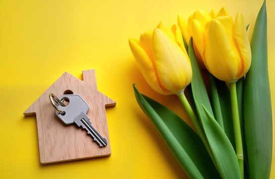Wooden house shaped keyring with key on yellow background. Spring yellow tulips beside. New home purchase gift concept. Fresh spring mood with bright yellow tulip flowers. Great photo for real estate