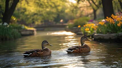 Fototapeta premium Ducks swimming park canal sunset tulips