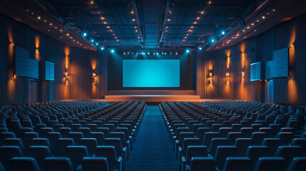 Naklejka premium Empty auditorium with blue screen and many seats ready for a conference