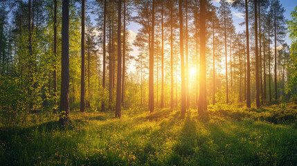 Obraz premium Golden sunset at pine forest landscape