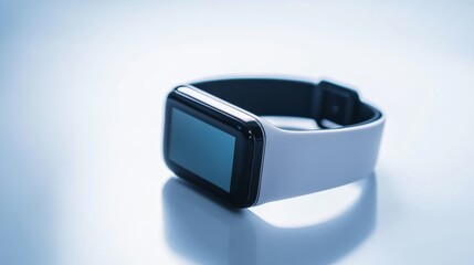 An advanced smart wearable device with a modern, sleek design in a clean, minimalist environment
