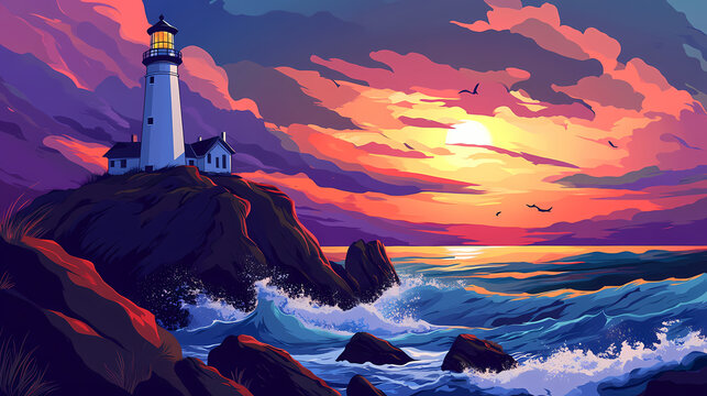 A lighthouse preched on a rugged cliff with the waves crash the rocks with twilight sky, vector style. Twilight Cliff. Illustration