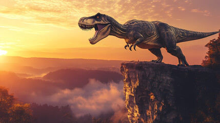 A majestic tyrannosaurus rex roars on a cliff overlooking a misty prehistoric landscape at sunset. Twilight Cliff. Illustration