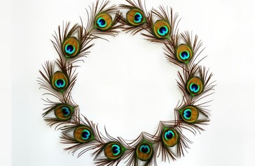 Obraz premium Peacock feathers create frame against white backdrop. Colorful iridescent plumage arranged in circle. Natural beauty, vibrant colors. Perfect for creative designs branding. Ideal for fashion, home