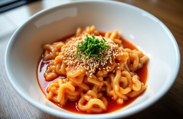 Close up of Korean Tteokbokki dish. Rice cakes are in spicy red sauce. Topped with sesame seeds and green onions. Tasty Korean food. Delicious meal. Perfect for snack time. Spicy and flavorful.