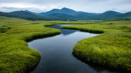Serpentine river meanders through grassy valley, mountains backdrop; nature scene