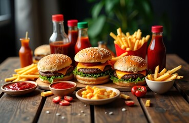 Table laden with burgers fries, sauces. High calorie junk food assortment. Unhealthy meal displayed. Fast food feast. Empty nutritional content. Food items arranged on wooden surface. Plenty of