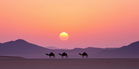 Three camels are walking across a desert at sunset. The sky is a beautiful mix of pink and orange hues