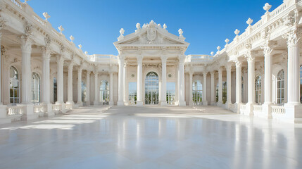 Obraz premium Grand white palace courtyard, sunny day, luxury resort