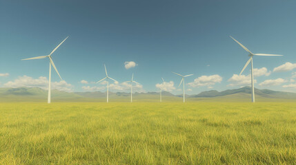 Wind turbines in grassy field, mountains background; clean energy