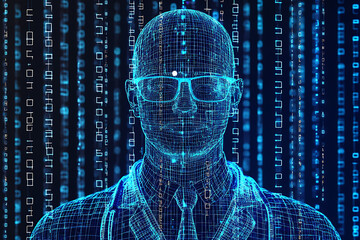 Glowing wireframe of a doctor on a transparent background