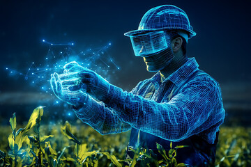 Glowing wireframe of a futuristic farmer managing crops in a digital agricultural landscape