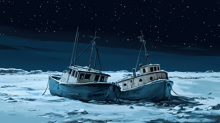 Boats frozen into the sea ice in winter night signify the harsh conditions of the arctic, which are only worsening due to climate change. Icebound Haven. Illustration