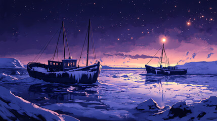 Boats frozen into the sea ice in winter night signify the harsh conditions of the arctic, which are only worsening due to climate change. Icebound Haven. Illustration
