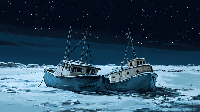 Boats frozen into the sea ice in winter night signify the harsh conditions of the arctic, which are only worsening due to climate change. Icebound Haven. Illustration