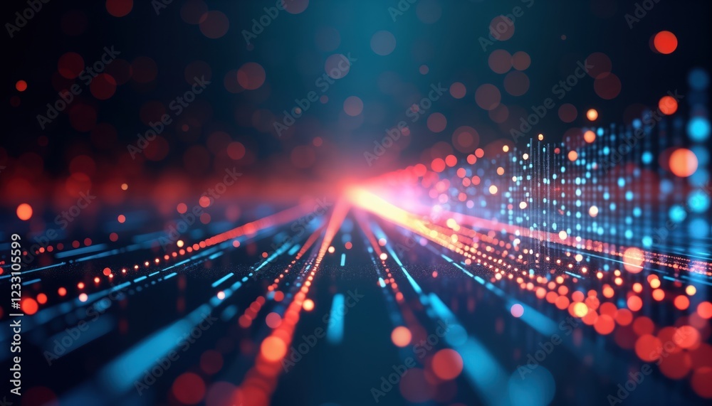 Poster abstract illustration of data transfer in tech network. vivid blue, red lines with dots suggest rapi
