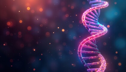 Obraz premium Glowing DNA helix structure on dark cosmic background. Neon colors make molecular structure vibrant, futuristic. Digital artwork shows sparkling DNA double helix. Abstract representation of genetic