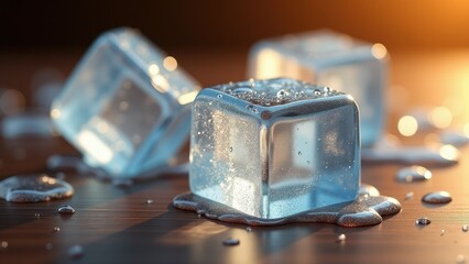 Melting ice cubes on a wooden surface with water puddles and warm lighting	