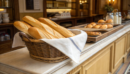 Fresh baguettes in wicker basket on bakery counter