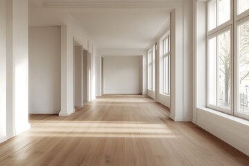 Fototapeta premium a 3D-rendered minimalist living room in a modern mid-century design, emphasizing an empty space with white walls and wooden floors.
