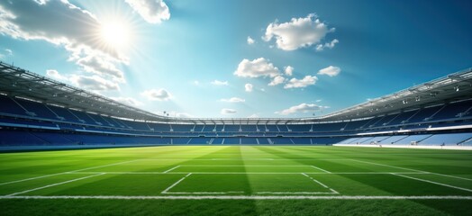 Empty modern stadium under bright sunlight. Spacious green field ready for sport event. Blue stands extend into clear blue sky. Scene suggests summer day sunny day. Empty stands show no fans present.