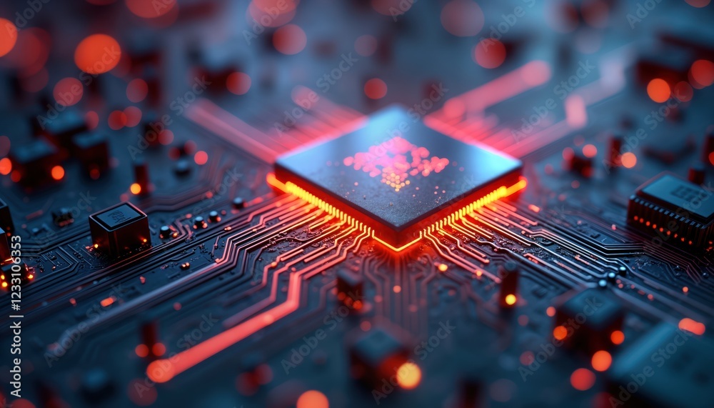 Poster advanced computer tech board with glowing processor. complex network circuits show powerful computin