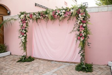 Floral garland draped across a charming pink wall, colorful blooms, garden party, joyful moments, nature-inspired, celebratory atmosphere