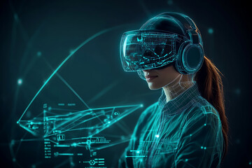 Glowing wireframe of a futuristic pilot inside virtual reality cockpit