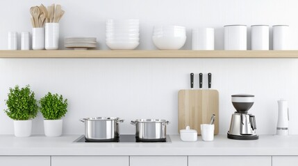 A bright, open kitchen with clean surfaces, organized dishes, and cooking tools, top view.