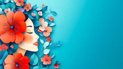 Obraz premium Paper-cut style poster of poetic floral profile highlighting Womans Day. Woman grace unfolding through refined outlines, grace elevating vibrant design. Concept of grace echoing personal empowerment