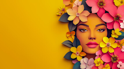 Paper-cut banner of Latina woman shows contrast between boldness and fragility, strength and boldness of women. Bold colors and design creates impactful visual. International Womens Day concept.