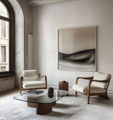 Modern living room with armchairs, painting on the wall, wide arch window