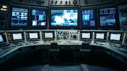 An advanced space exploration command center, high-tech consoles and mission control displays in a space agency facility, High-tech style