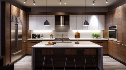 A contemporary kitchen with a large island, pendant lights, and stainless steel finishes, top view.