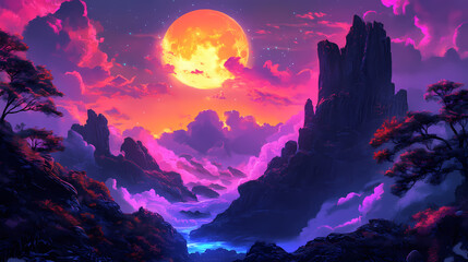 Fantasy landscape with vibrant colors and a large moon. Indigo Cliff. Illustration