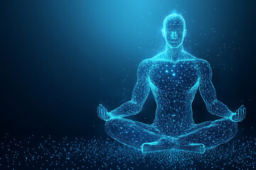 Glowing wireframe of a human body in a meditative pose