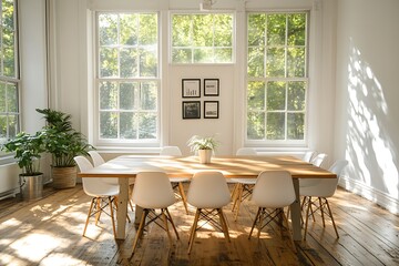Obraz premium a light-filled office meeting room featuring a minimalist style, highlighted by white walls and wooden decor.