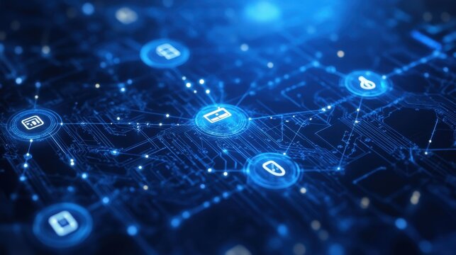 A futuristic concept of a fully connected digital factory on a deep blue background.