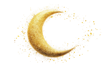 A Dreamy Crescent Moon Crafted from Glittering Gold Dust in a Night Sky Isolated on Transparent Background.