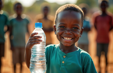 Happy African child holds water bottle. Drought conditions visible in background. Child smiling, healthy. Clean water precious resource. Problem of water scarcity. Help needed in African village.