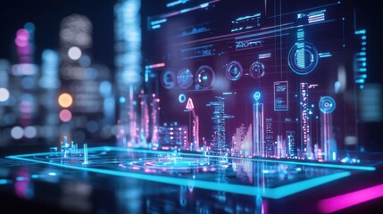 A futuristic holographic display of an assembly process on a deep purple background.