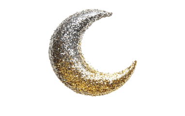 A Mesmerizing Crescent Moon Design with a Cosmic Blend of Silver and Gold Glitter Isolated on Transparent Background.