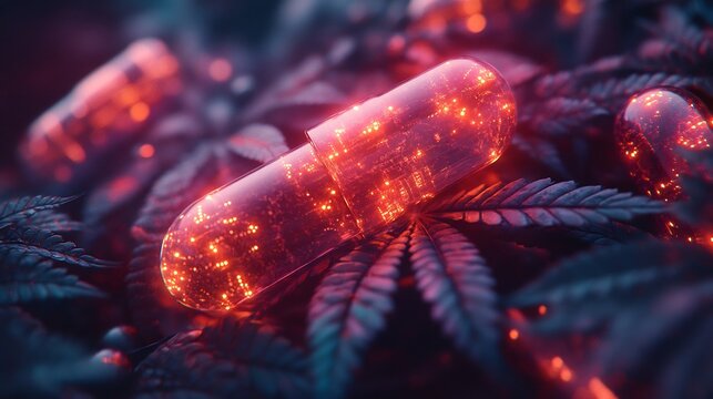 High tech inspired cannabis artwork featuring radiant neon leaves glowing pills and lab symbols A striking visual for futuristic pharmacy medical research and CBD health innovation