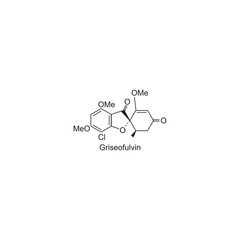 Griseofulvin skeletal structure.Benzofuran Derivative compound schematic illustration. Simple diagram, chemical structure.