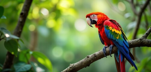 Obraz premium Colorful macaw perched on tree branch. Bright parrot with vibrant colors. Exotic bird in tropical jungle. Closeup shot of beautiful bird. Amazing nature scene. Parrot on wood branch. Wildlife
