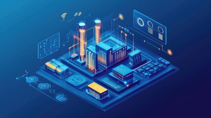 A glowing AI-powered factory with data visualization on a cyber blue background.